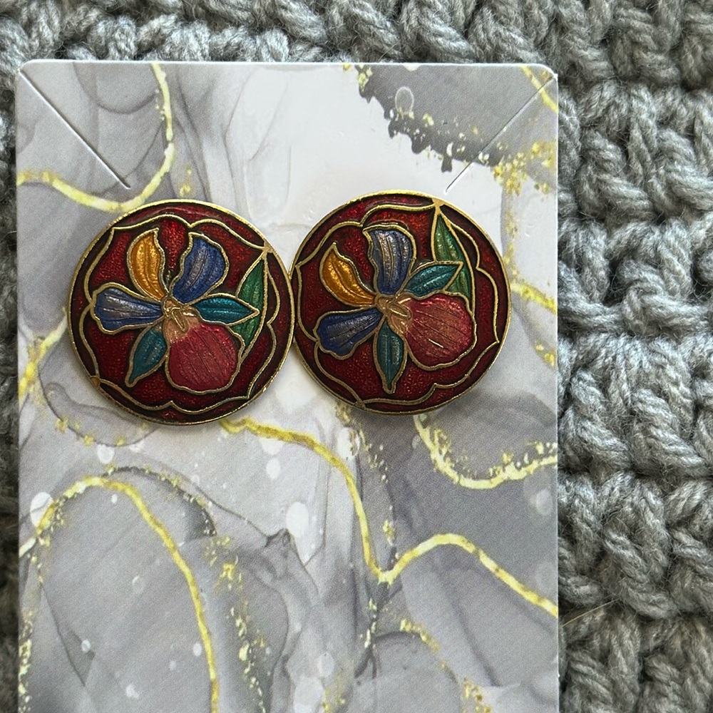 Cloisonné Post Earrings Orchid Multi color with Deep red Background